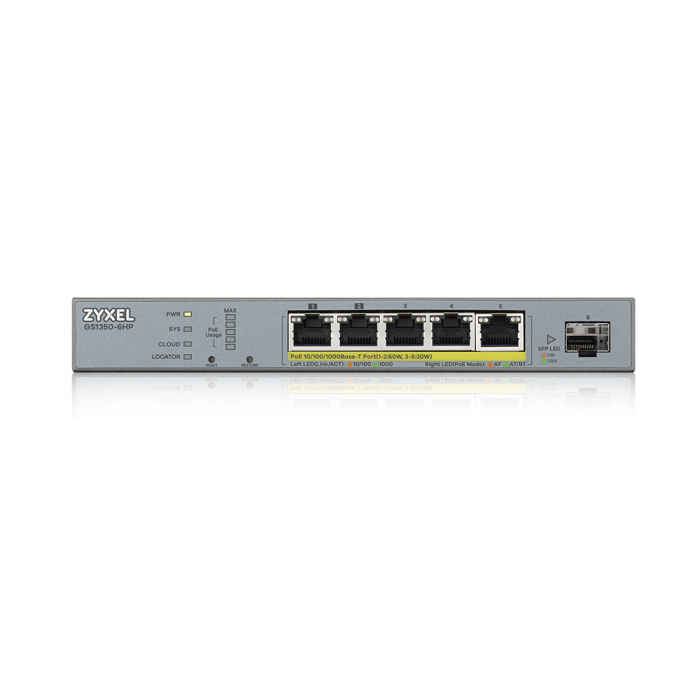 6-port - 5x1G + 1xSFP, Power budget 60W *Support IEEE 802.3bt *External Power Supply