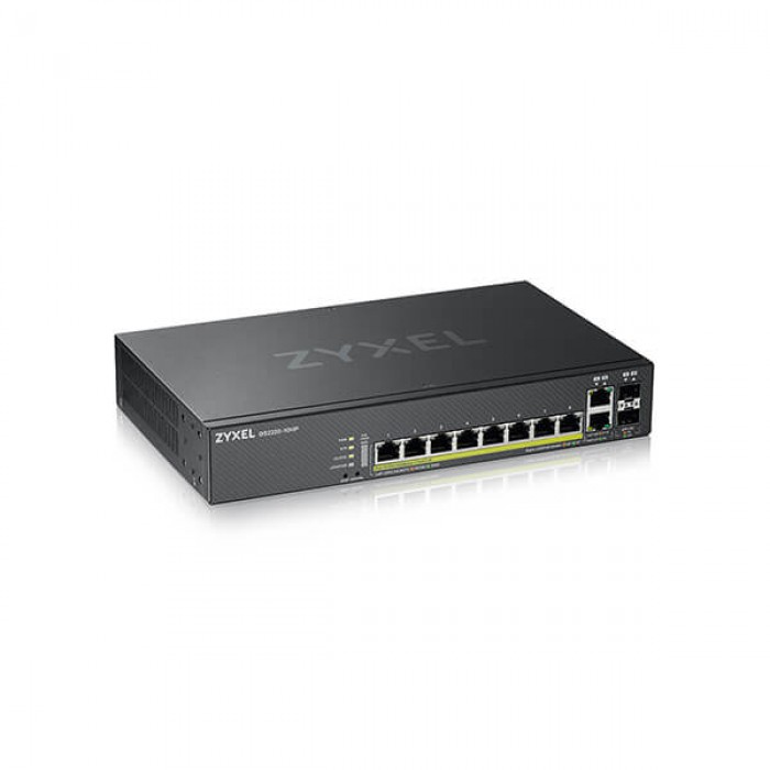 Zyxel 8-port GbE L2 PoE+ Switch with 2 combo (SFP/RJ-45) GbE Uplink, 180 Watt (Desktop size with rackmount kit)